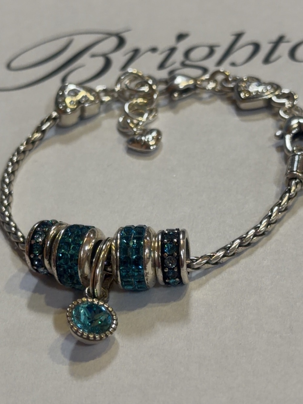 🩵 Brighton Blue SWAROVSKI CRYSTAL SILVER Heart Charm Bracelet!